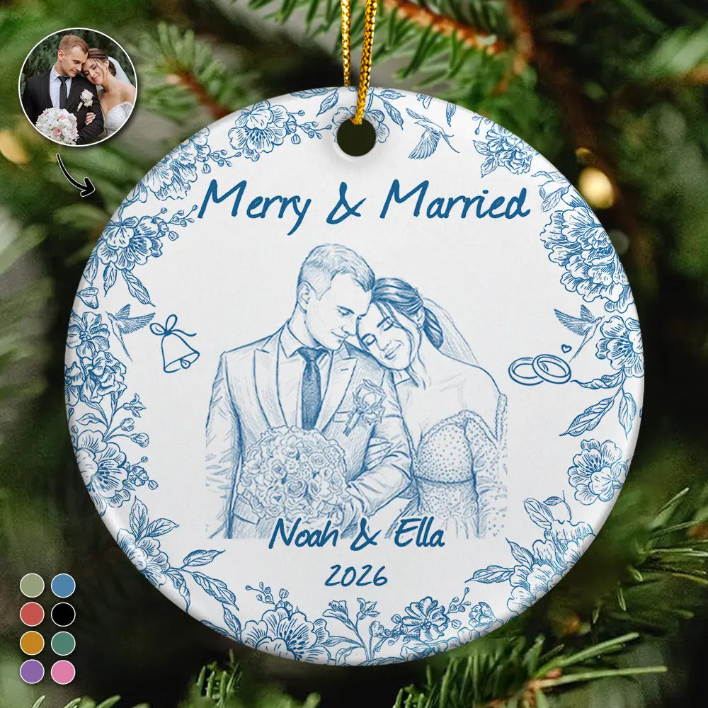 First Christmas,Art Design,Christmas,Romantic,Gift For Couples,Photo - Pencil Sketch - Remove BG - Custom Photo Pencil Sketch Merry & Married First Christmas Couple - Personalized Circle Ceramic Ornament