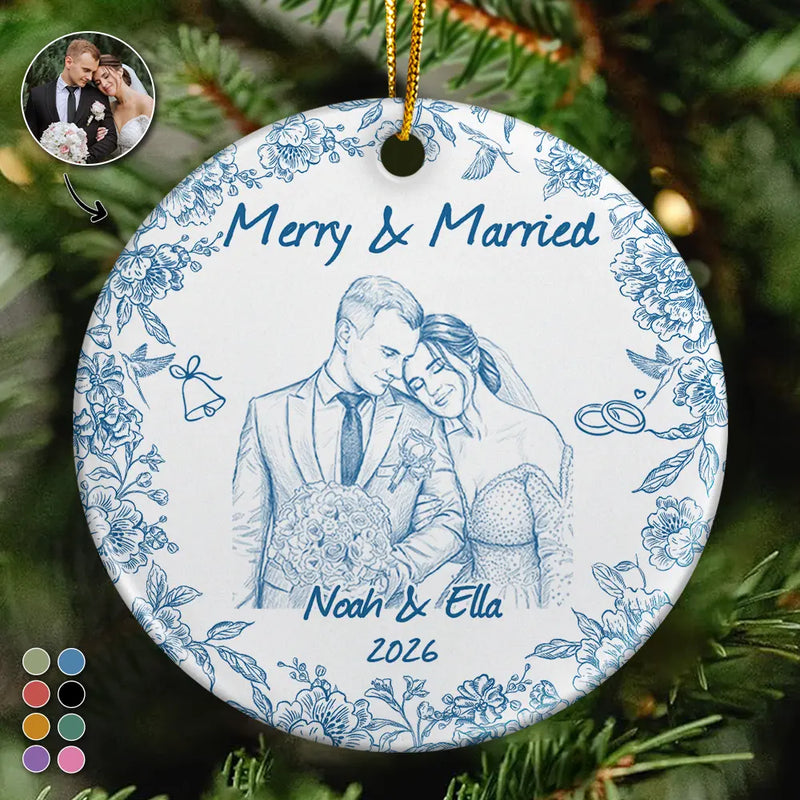 First Christmas,Art Design,Christmas,Romantic,Gift For Couples,Photo - Pencil Sketch - Remove BG - Custom Photo Pencil Sketch Merry & Married First Christmas Couple - Personalized Circle Ceramic Ornament