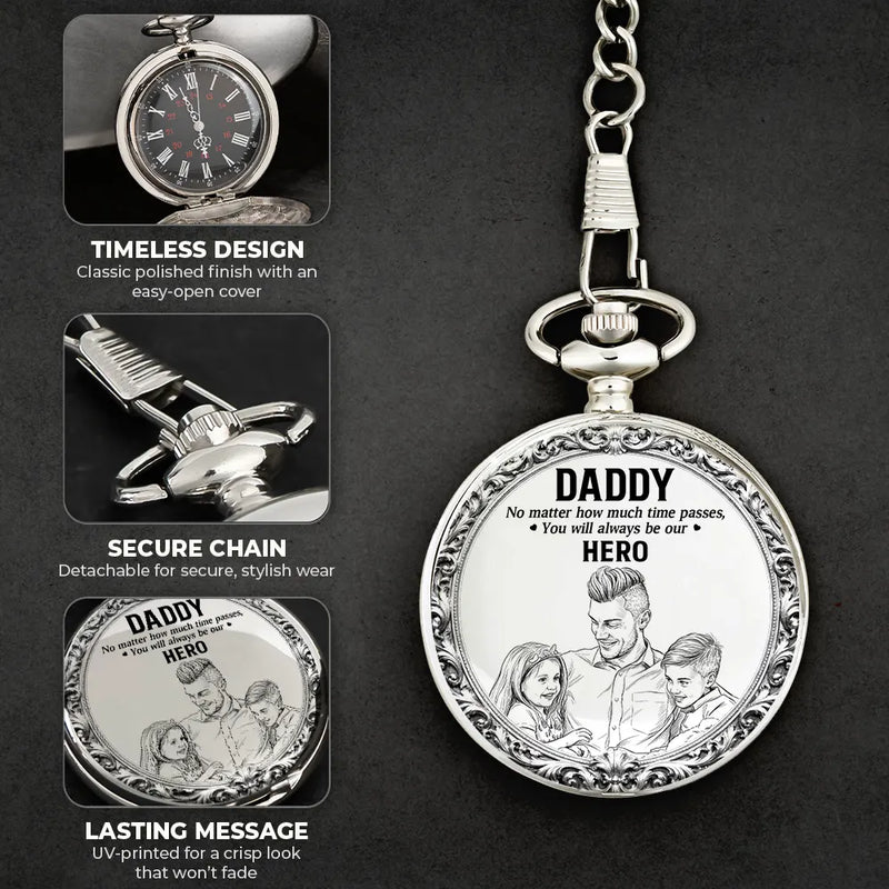 Custom Photo,Gift For Father,Dad - Daughters (Young) - Custom Photo Pencil Sketch No Matter How Much Time Passes - Personalized Pocket Watch