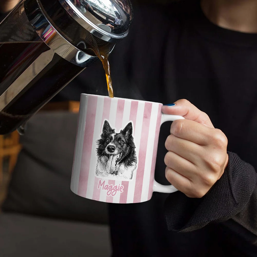 Pet Lovers, Pet Mom, Happy - Custom Photo Pencil Sketch Pet Portrait & Name - Personalized White Edge-to-Edge Mug