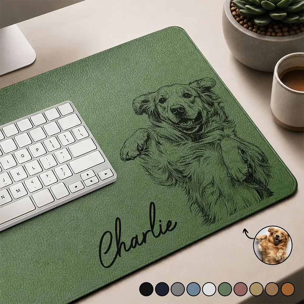 Custom Photo Bold Sketch Portrait Dog Cat With Name - Personalized Leather Desk Mat