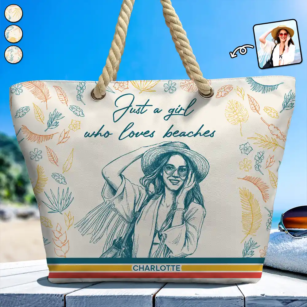 Custom Photo Pencil Sketch Retro Style A Girl Who Loves Beaches - Personalized Beach Bag
