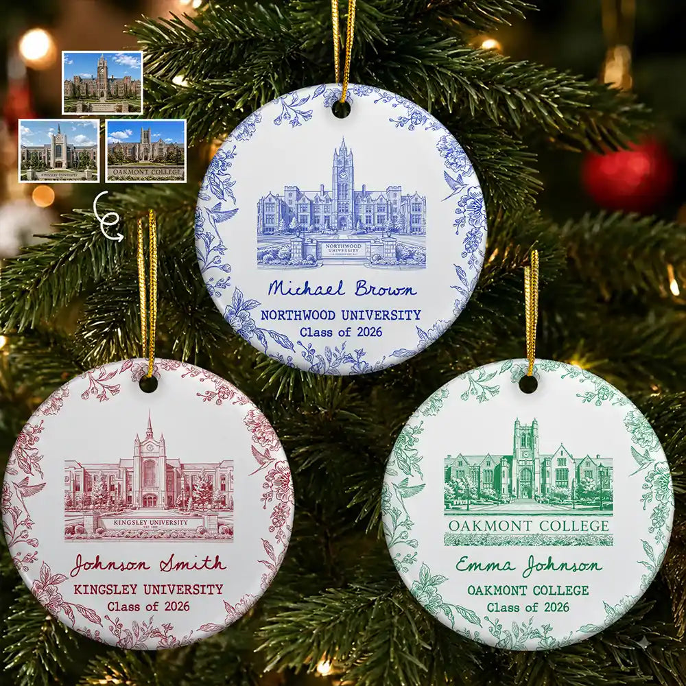 Custom Photo Pencil Sketch School Landmark Graduation Keepsake - Personalized Circle Ceramic Ornament