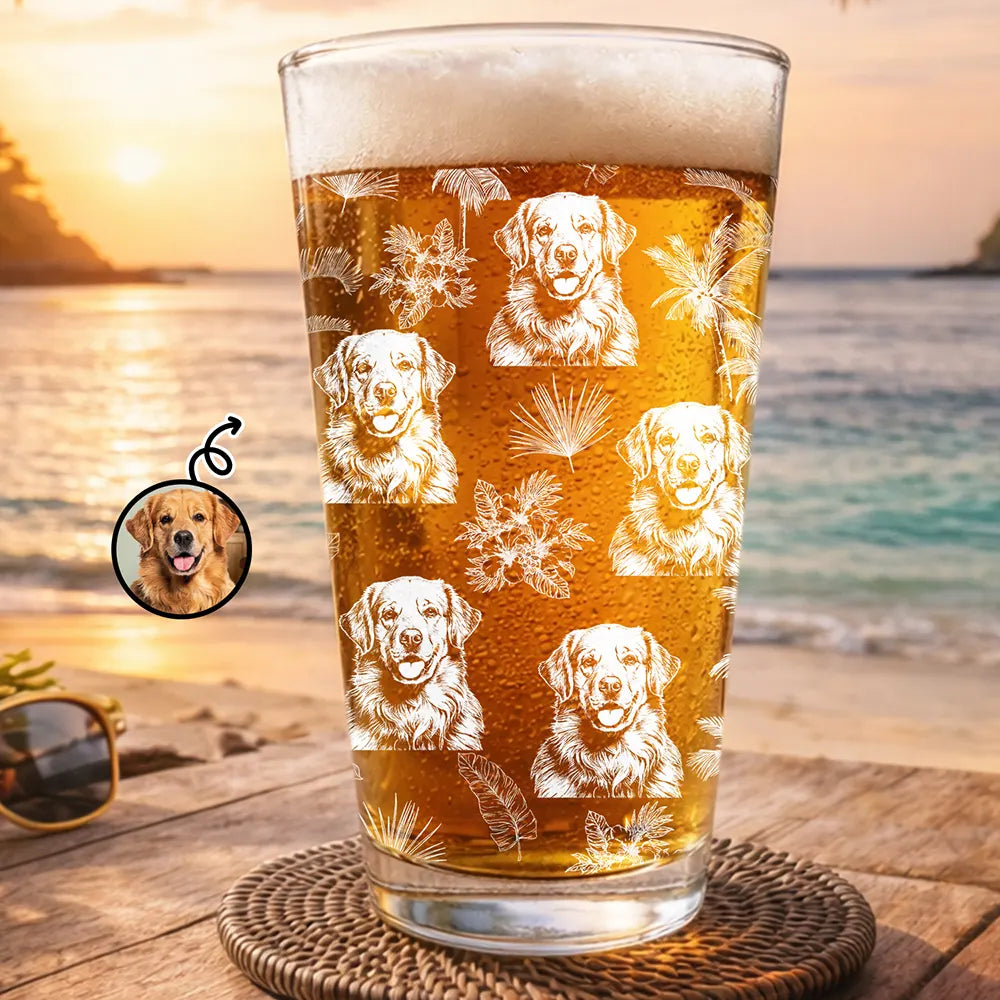 Custom Photo White Pencil Sketch Art Toile De Jouy With Tropical Pattern - Personalized Beer Glass