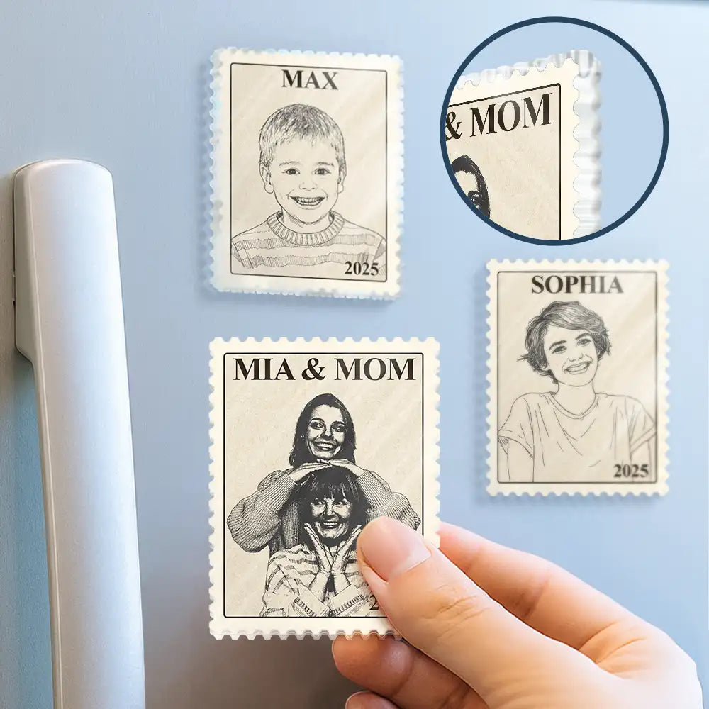 Family, Memorial, Love - Custom Photo Pencil Sketch Vintage Stamp Portrait Family - Personalized Acrylic Fridge Magnet