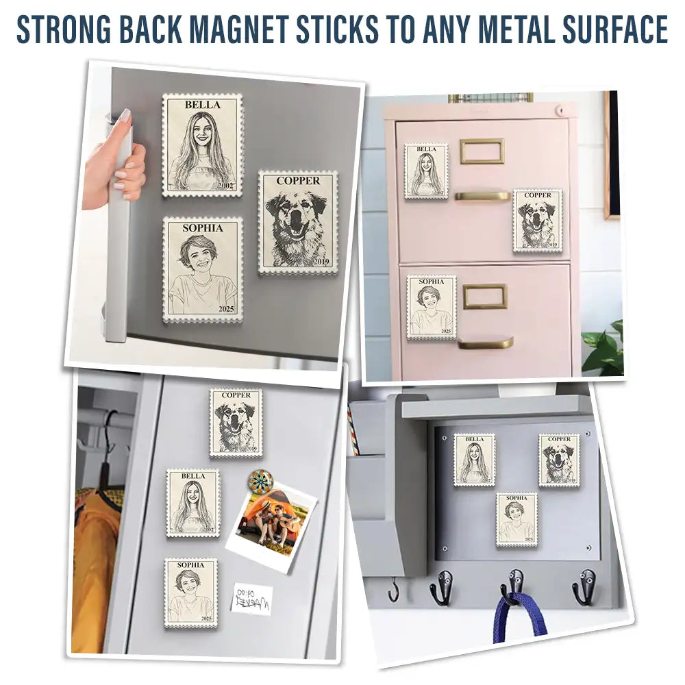 Family, Memorial, Love - Custom Photo Pencil Sketch Vintage Stamp Portrait Family - Personalized Acrylic Fridge Magnet