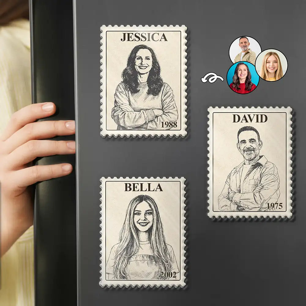 Custom Photo Pencil Sketch Vintage Stamp Portrait Family - Personalized Acrylic Fridge Magnet
