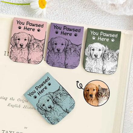 Custom Photo Bold Sketch You Pawsed Here - Personalized Leather Magnetic Bookmark
