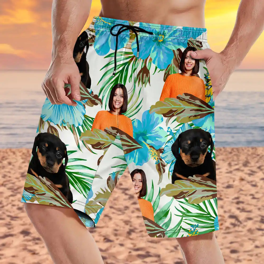 Summer, Custom Photo, Funny, Gift For Men, Gift For Yourself - Custom Photo People And Pet Faces Couple Dog Cat - Personalized Unisex Beach Shorts