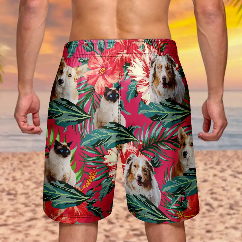 Summer, Custom Photo, Funny, Gift For Men, Gift For Yourself - Custom Photo People And Pet Faces Couple Dog Cat - Personalized Unisex Beach Shorts