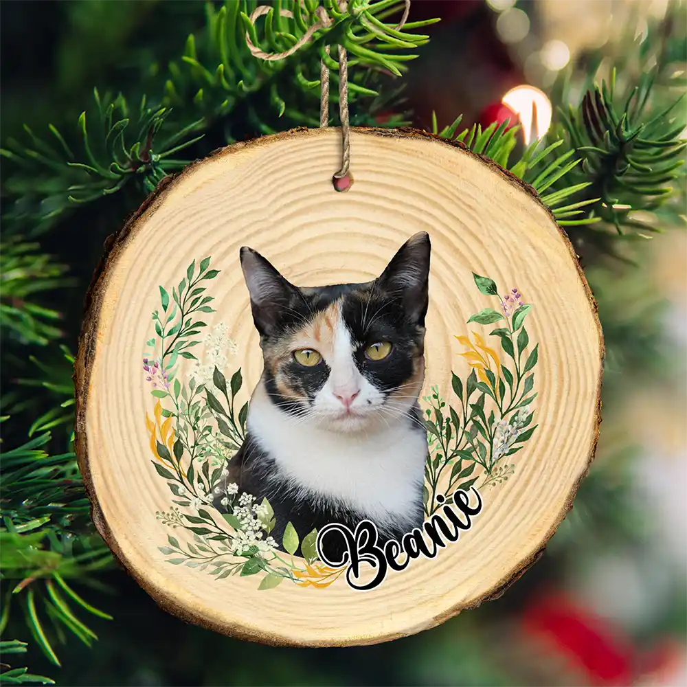 Christmas, Happy, Pet Lovers, Custom Photo - Custom Photo Pet Face Dog Face Cat Face - Personalized Wood Slice Ornament