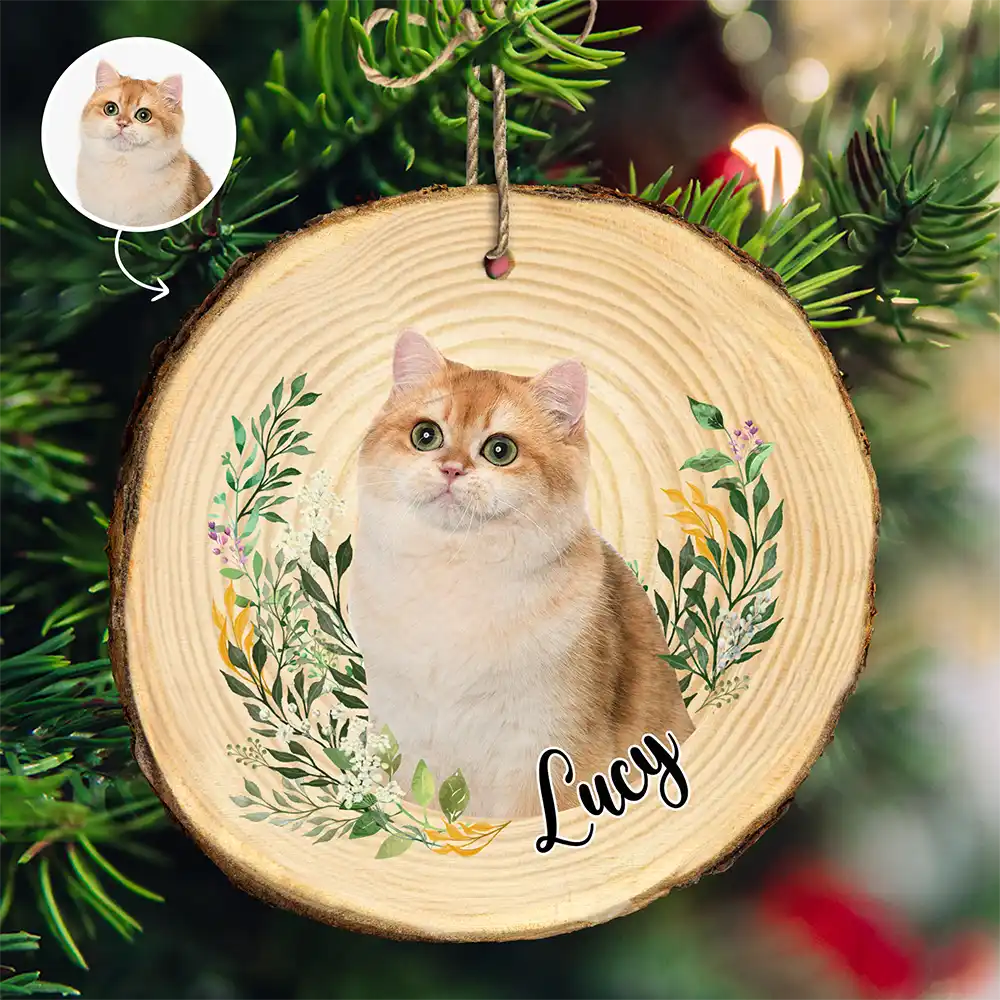 Christmas, Happy, Pet Lovers, Custom Photo - Custom Photo Pet Face Dog Face Cat Face - Personalized Wood Slice Ornament