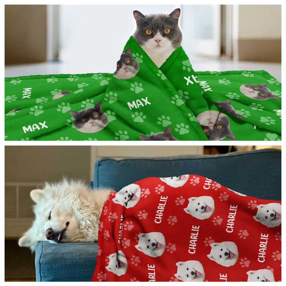 Pet Lovers, Pet Mom, Pet Dad, Happy, Custom Photo - Custom Photo Pet Face Pattern Dog Cat Family - Personalized Pet Blanket
