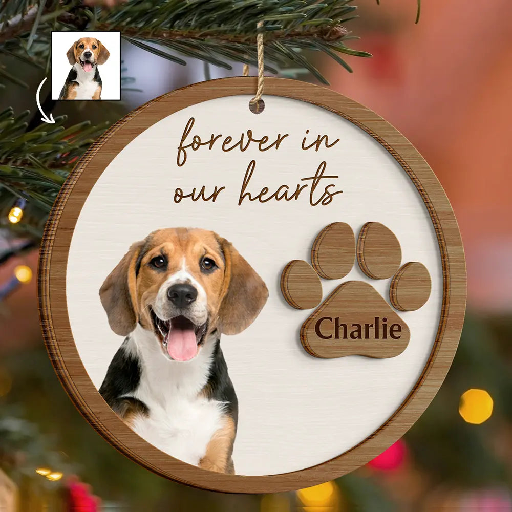 Custom Photo Pet Memorial Pet Loss Forever In Our Hearts - Personalized 2-Layered Wooden Ornament