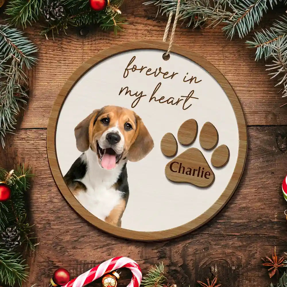 Christmas,Custom Photo,Pet Lovers,Memorial,Sad - Custom Photo Pet Memorial Pet Loss Forever In Our Hearts - Personalized 2-Layered Wooden Ornament