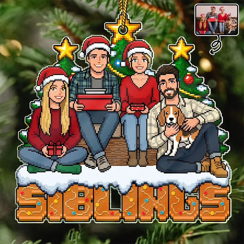 Custom Photo Pixel Art Christmas Pixel Siblings Brothers Sisters - Personalized Custom Shaped Acrylic Ornament