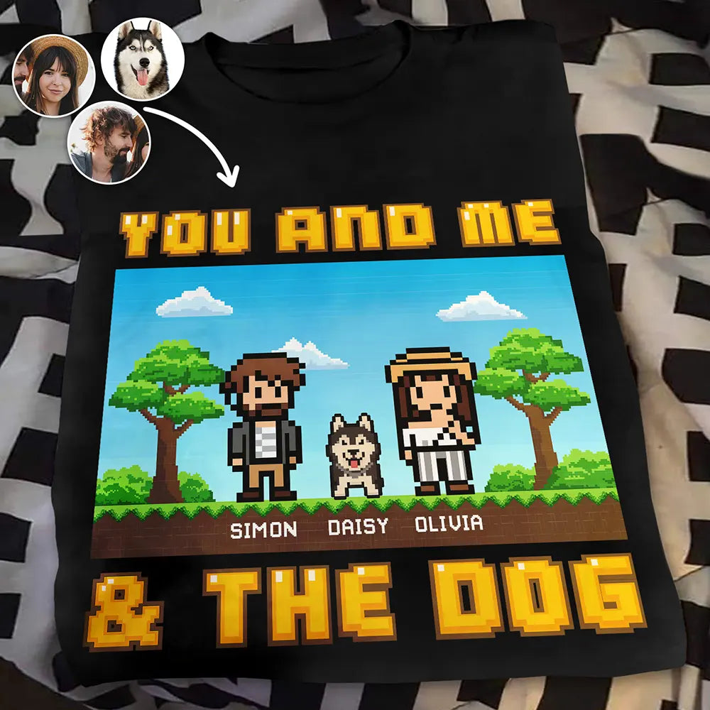 Gift For Couples,Gift For Husband,Gift For Wife,Gift For Boyfriend,Gift For Girlfriend,Pet Lovers,Pet Couple,Dog Lovers,Dog Couple,Cat Lovers,Cat Couple,Love - Custom Photo Pixel Art Standee You Me And The Dog Cat - Personalized T Shirt