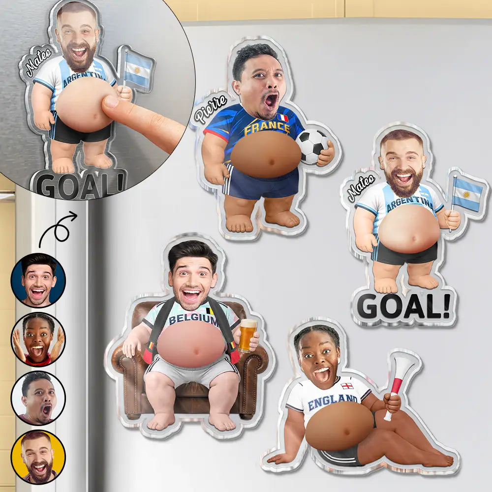 Custom Photo, Football (Soccer), Gift For Yourself, Humorous, Summer Soccer Games, Cut-Face Photo - Custom Photo Poke The Belly For Victory - Personalized Squishy Acrylic Fridge Magnet