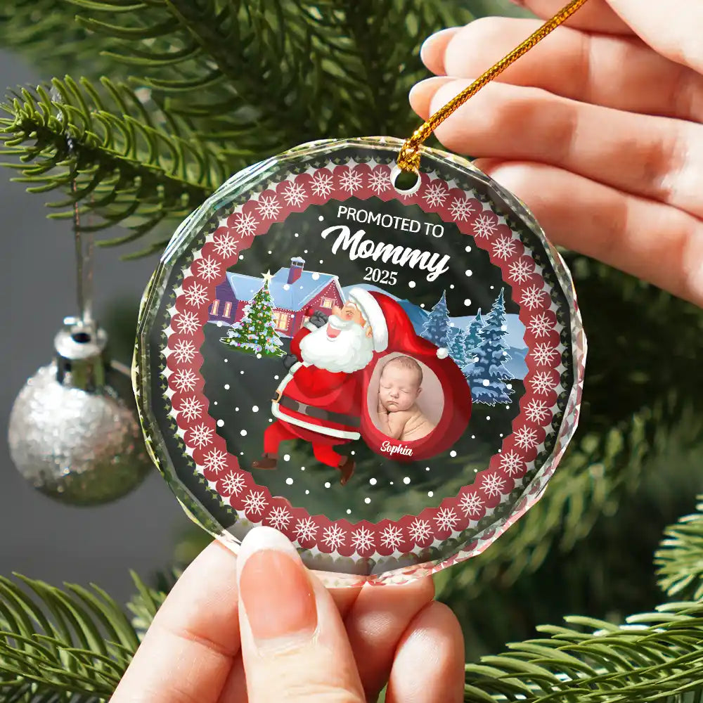 New baby, New Dad, New Mom, Gift For Father, Family, Gift For Mother, Christmas, Happy - Custom Photo Promoted To Daddy - Personalized Circle Glass Ornament
