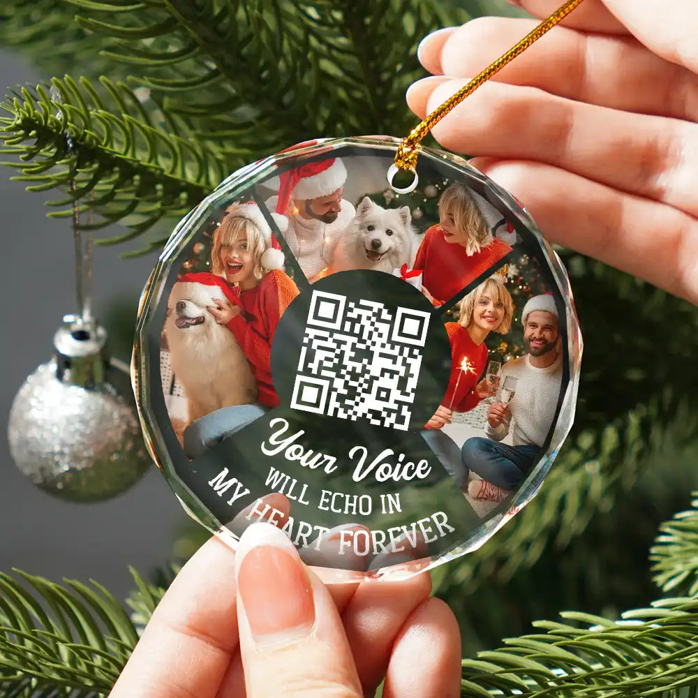 Memorial - Custom Photo QR Code Your Voice - Personalized Circle Glass Ornament