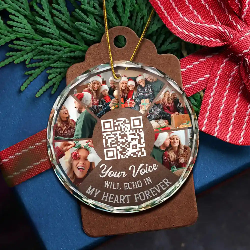 Memorial - Custom Photo QR Code Your Voice - Personalized Circle Glass Ornament