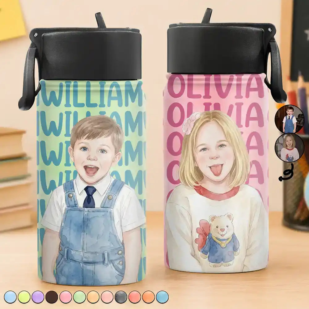 Custom Photo Realistic Watercolor Art Adorable Kid With Name - Personalized Kids Water Bottle