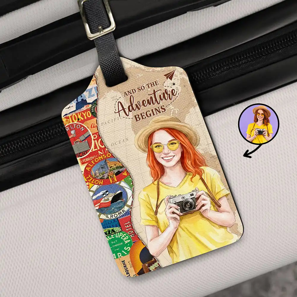 Travel, Art Design, Confident, Gift For Yourself, Photo - Watercolor - Remove BG - Custom Photo Realistic Watercolor Art And So The Adventure Begins Travel Lover - Personalized Luggage Tag