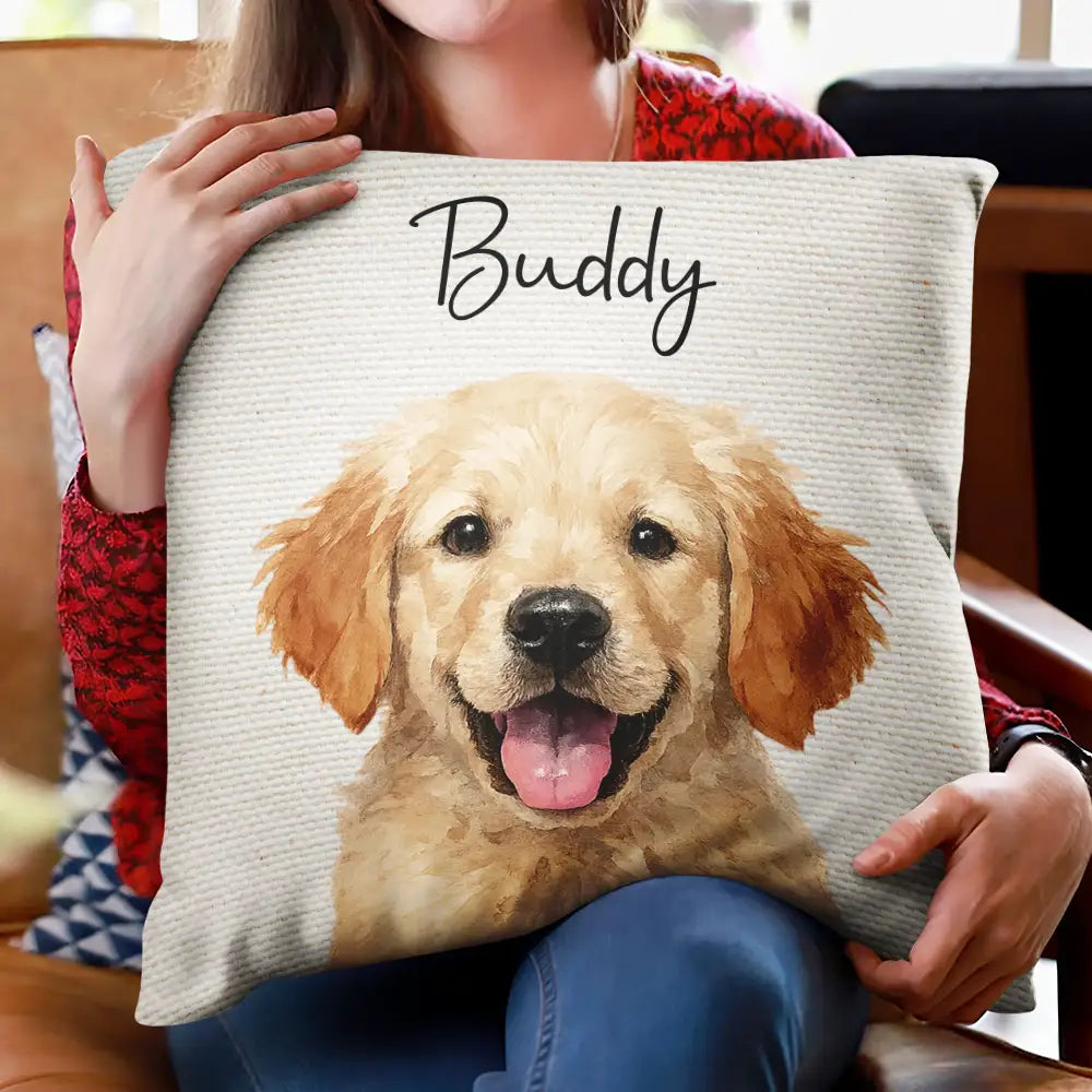 Happy, Dog Lovers, Pet Lovers, Cat Lovers - Custom Photo Realistic Watercolor Art Cat Dog Pet - Personalized Pillow