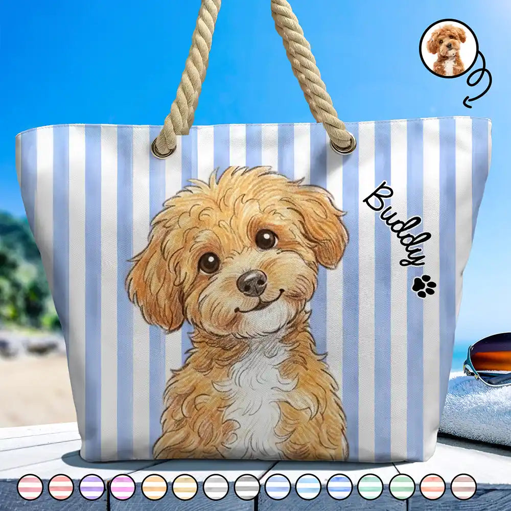 Custom Photo Realistic Watercolor Art Cute Dog Cat Stripe Pattern - Personalized Beach Bag