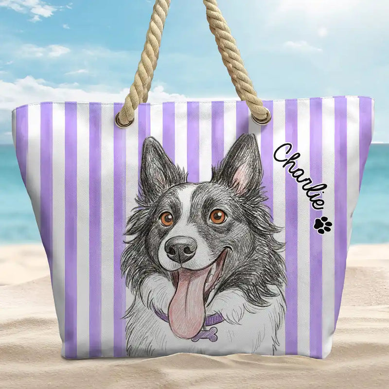 Custom Photo,Beach,Art Design,Summer,Pet Lovers,Adorable,Photo - Watercolor - Remove BG - Custom Photo Realistic Watercolor Art Cute Dog Cat Stripe Pattern - Personalized Beach Bag