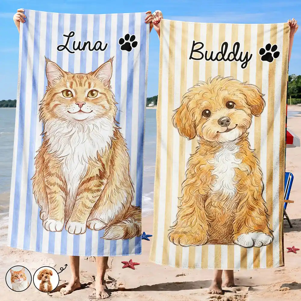 Custom Photo,Beach,Art Design,Summer,Pet Lovers,Adorable,Photo - Watercolor - Remove BG - Custom Photo Realistic Watercolor Art Cute Dog Cat Stripe Pattern - Personalized Beach Towel