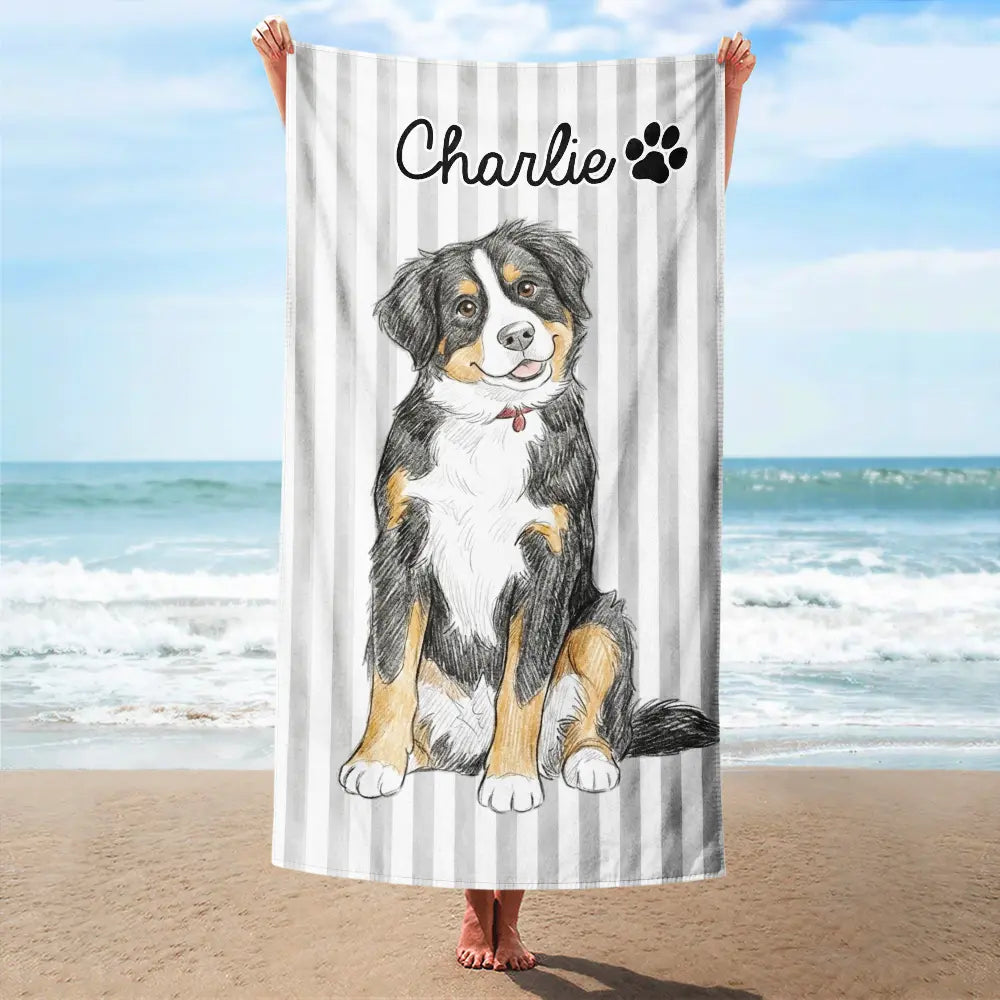 Custom Photo,Beach,Art Design,Summer,Pet Lovers,Adorable,Photo - Watercolor - Remove BG - Custom Photo Realistic Watercolor Art Cute Dog Cat Stripe Pattern - Personalized Beach Towel