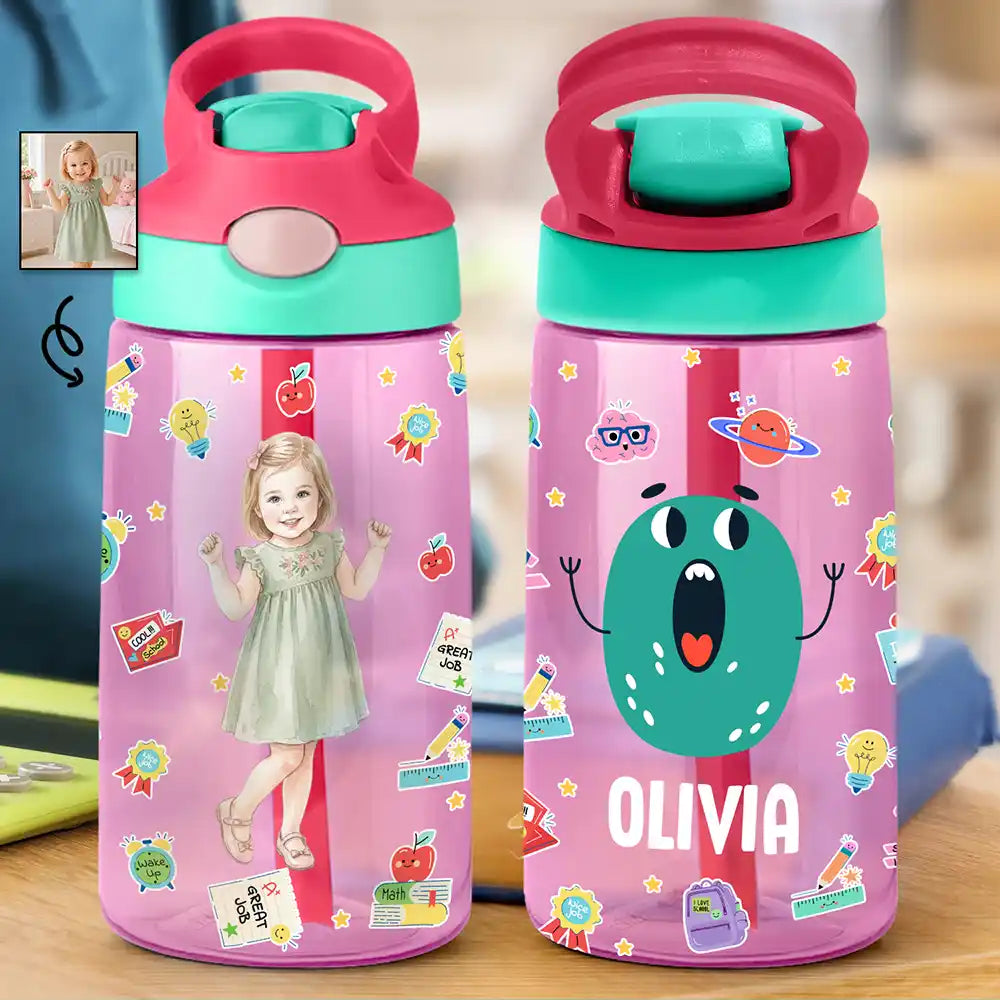 Custom Photo Realistic Watercolor Art Cute Kid With Funny Letter - Personalized Kids Water Bottle With Straw