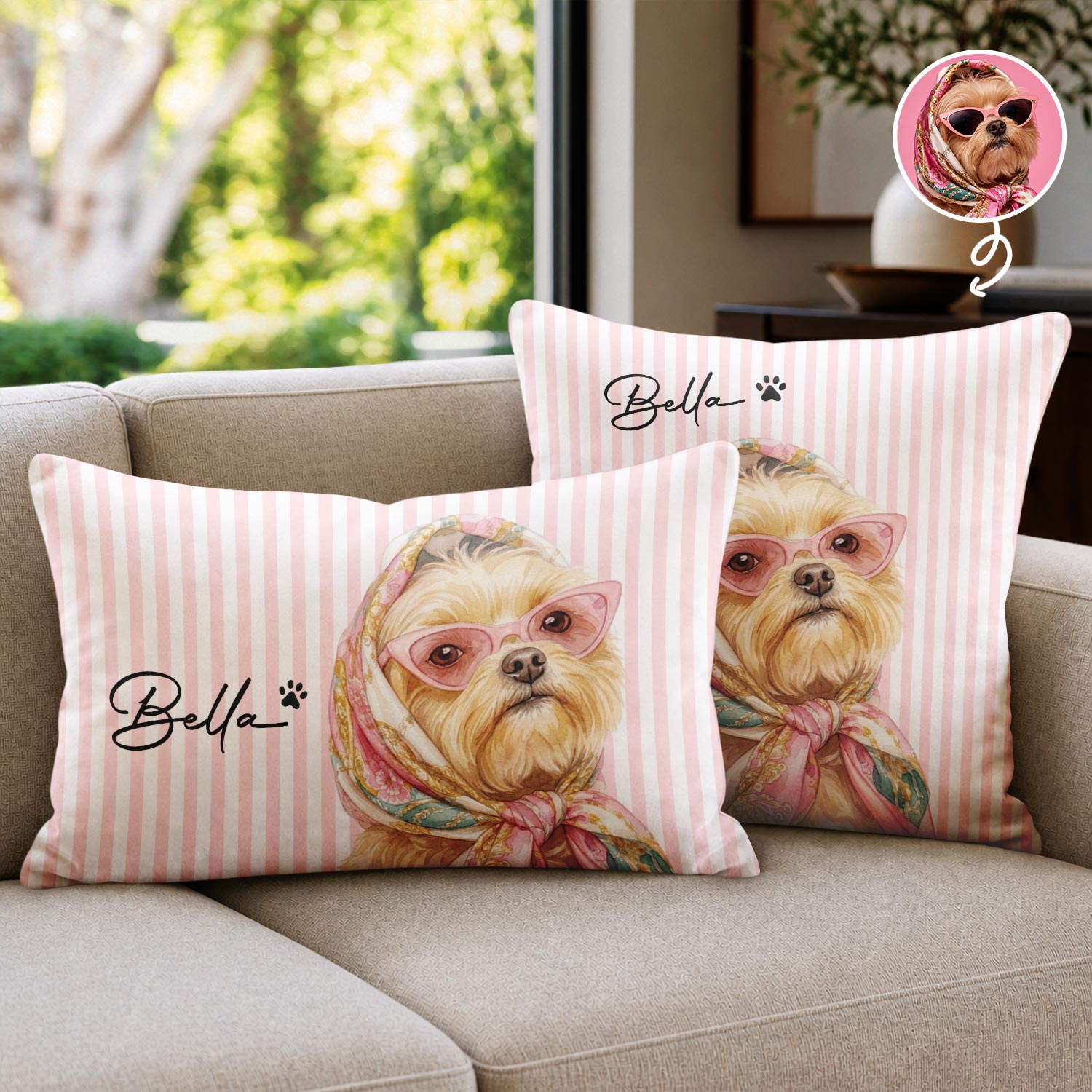 Top Market,Adorable,Art Design,Pet Lovers,Photo - Watercolor - Remove BG - Custom Photo Realistic Watercolor Art Dog Cute Portrait Striped Pattern - Personalized Pillow