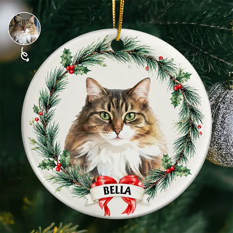 Art Design,Christmas,Cozy,Pet Lovers,Photo - Watercolor - Remove BG - Custom Photo Realistic Watercolor Art Dog Cat Pet Holiday Wreath - Personalized Circle Ceramic Ornament