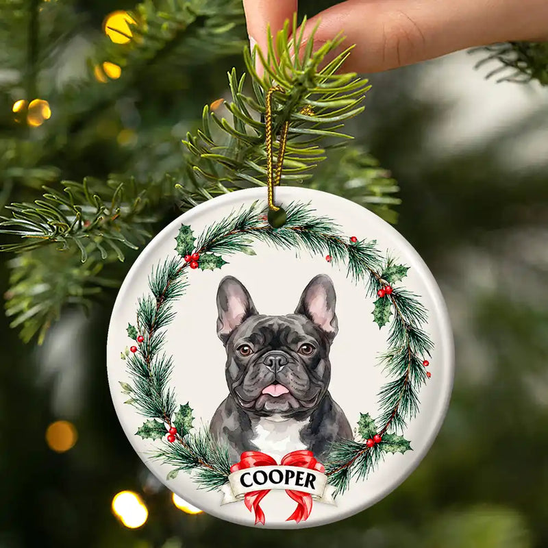 Art Design,Christmas,Cozy,Pet Lovers,Photo - Watercolor - Remove BG - Custom Photo Realistic Watercolor Art Dog Cat Pet Holiday Wreath - Personalized Circle Ceramic Ornament