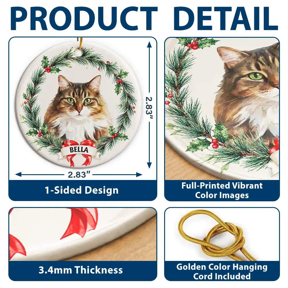 Art Design,Christmas,Cozy,Pet Lovers,Photo - Watercolor - Remove BG - Custom Photo Realistic Watercolor Art Dog Cat Pet Holiday Wreath - Personalized Circle Ceramic Ornament