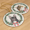 Art Design,Christmas,Cozy,Pet Lovers,Photo - Watercolor - Remove BG - Custom Photo Realistic Watercolor Art Dog Cat Pet Holiday Wreath - Personalized Circle Ceramic Ornament