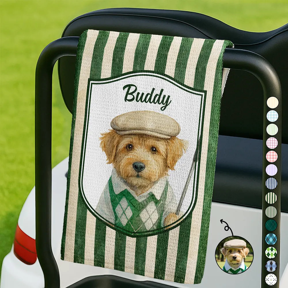 Happy, Dog Lovers, Pet Lovers, Cat Lovers, Golf - Custom Photo Realistic Watercolor Art Dog Cat Pet Portrait Vintage - Personalized Golf Towel