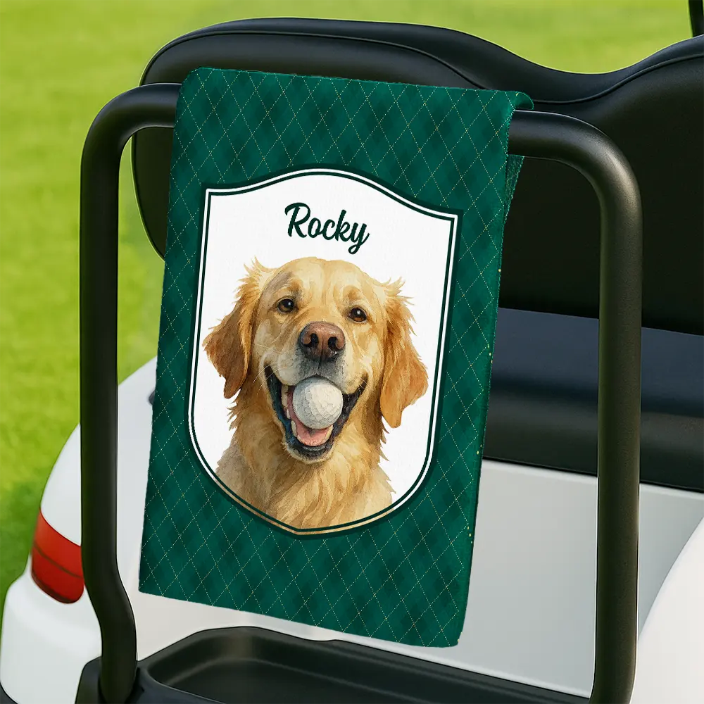Happy, Dog Lovers, Pet Lovers, Cat Lovers, Golf - Custom Photo Realistic Watercolor Art Dog Cat Pet Portrait Vintage - Personalized Golf Towel