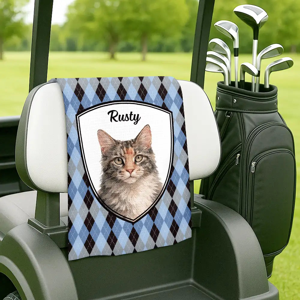 Happy, Dog Lovers, Pet Lovers, Cat Lovers, Golf - Custom Photo Realistic Watercolor Art Dog Cat Pet Portrait Vintage - Personalized Golf Towel