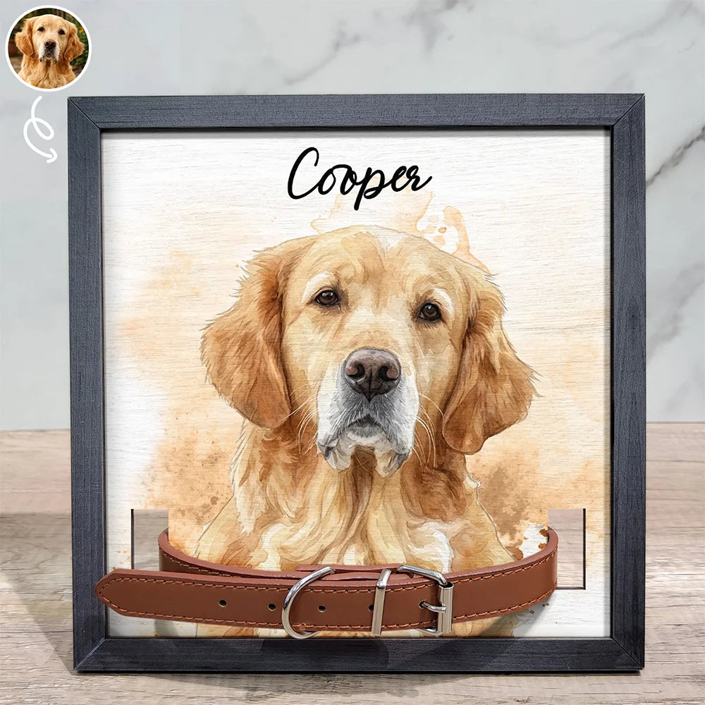 Custom Photo Realistic Watercolor Art Dog Cat Portrait Memorial - Personalized Pet Loss Sign, Collar Frame