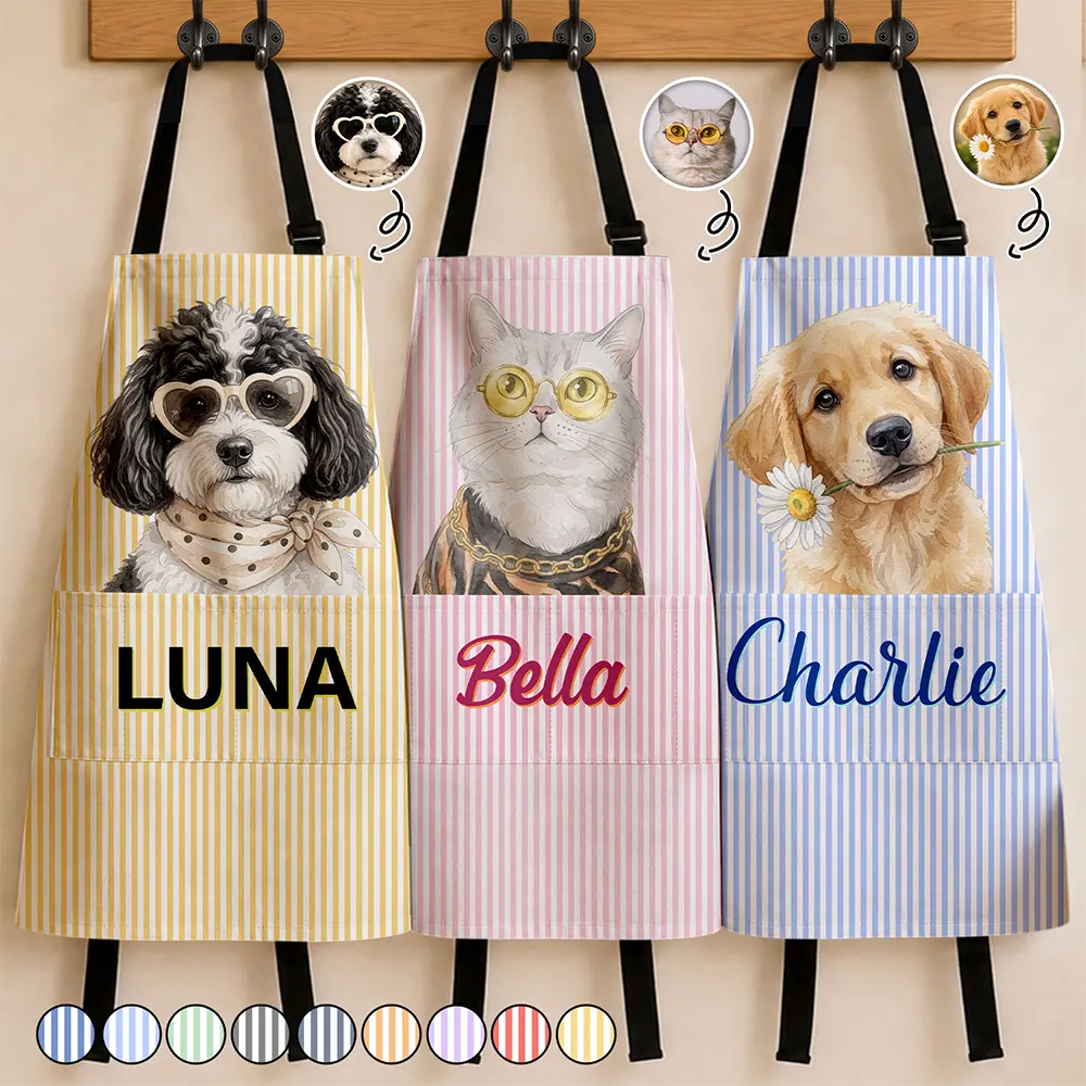 Custom Photo Realistic Watercolor Art Dog Cat Slay Portrait Striped Pattern - Personalized Apron