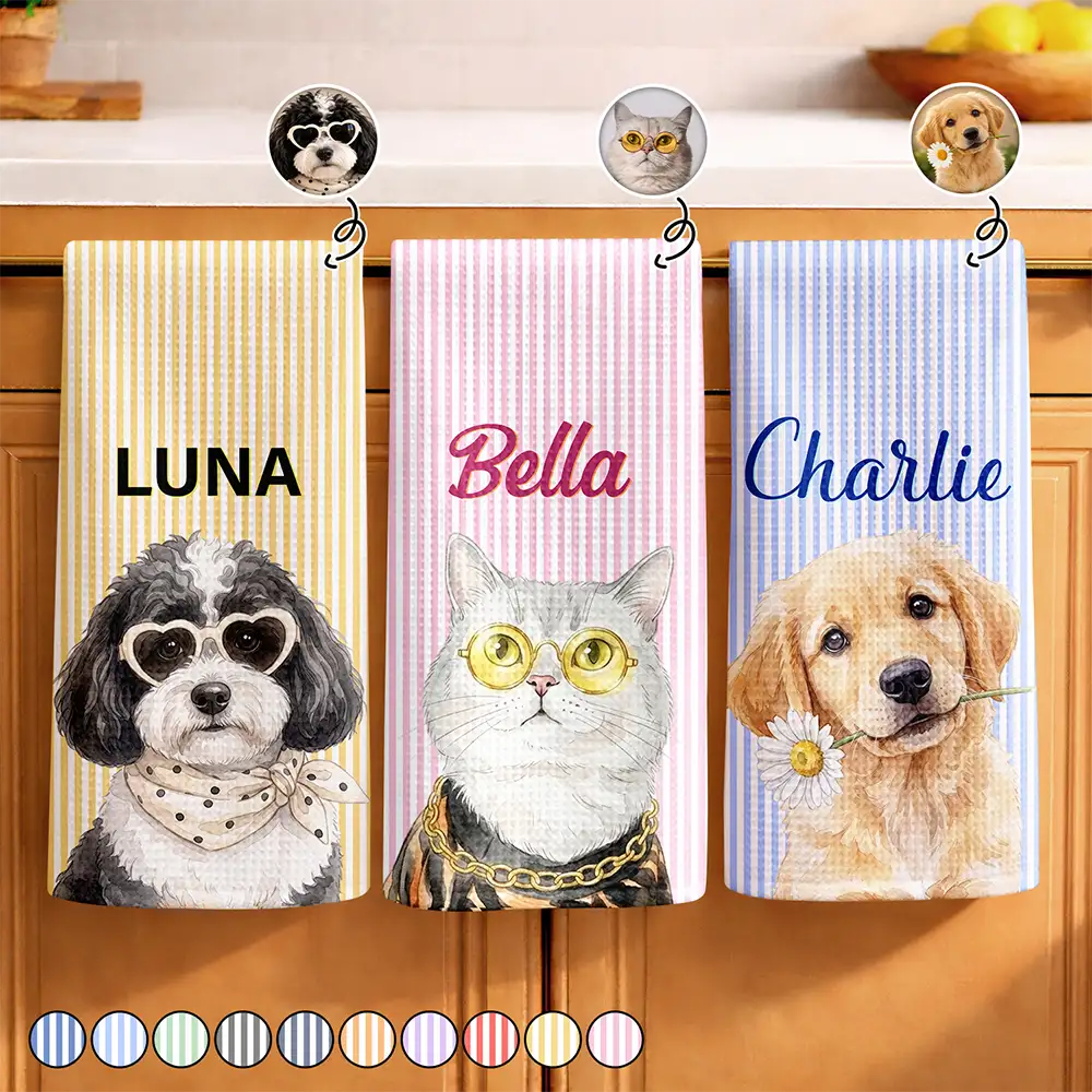 Custom Photo Realistic Watercolor Art Dog Cat Slay Portrait Striped Pattern - Personalized Kitchen Towel