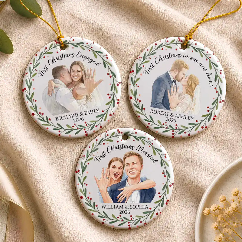 Art Design,Christmas,Married Couple,Romantic,Gift For Couples,Photo - Watercolor - Remove BG - Custom Photo Realistic Watercolor Art First Christmas As Mr. & Mrs. Wedding Couple - Personalized Circle Ceramic Ornament