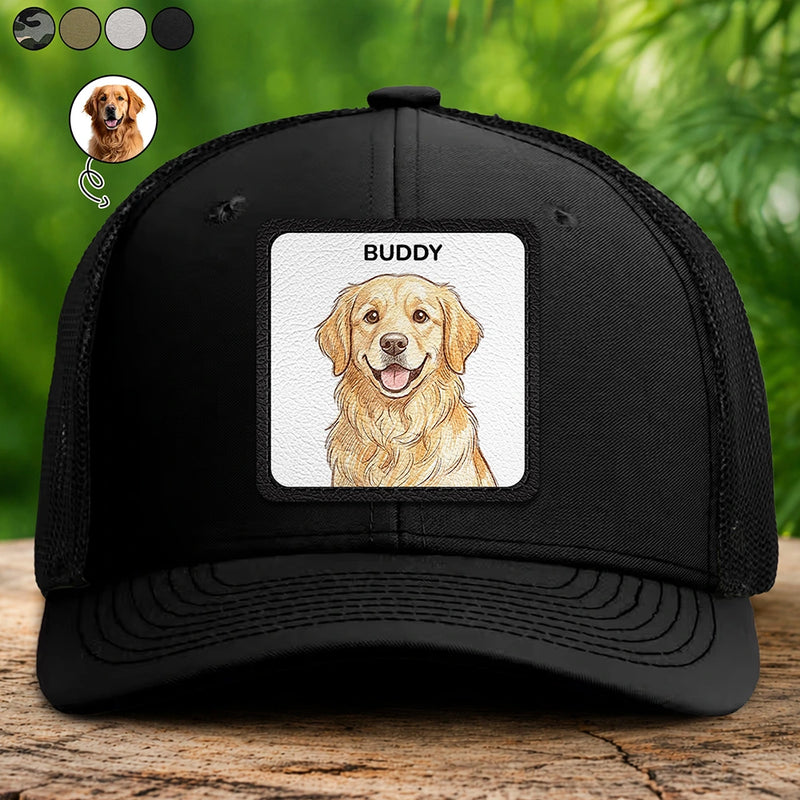 Custom Photo, Art Design, Pet Lovers, Playful, Photo - Watercolor - Remove BG - Custom Photo Realistic Watercolor Art Funny Dog Cat Pet - Personalized Leather Patch Hat