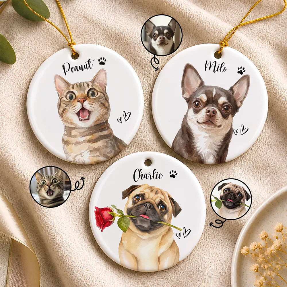 Top Market, Art Design, Playful, Christmas, Custom Photo, Pet Lovers, Photo - Watercolor - Remove BG - Custom Photo Realistic Watercolor Art Happy Dog Cat Pet - Personalized Circle Ceramic Ornament