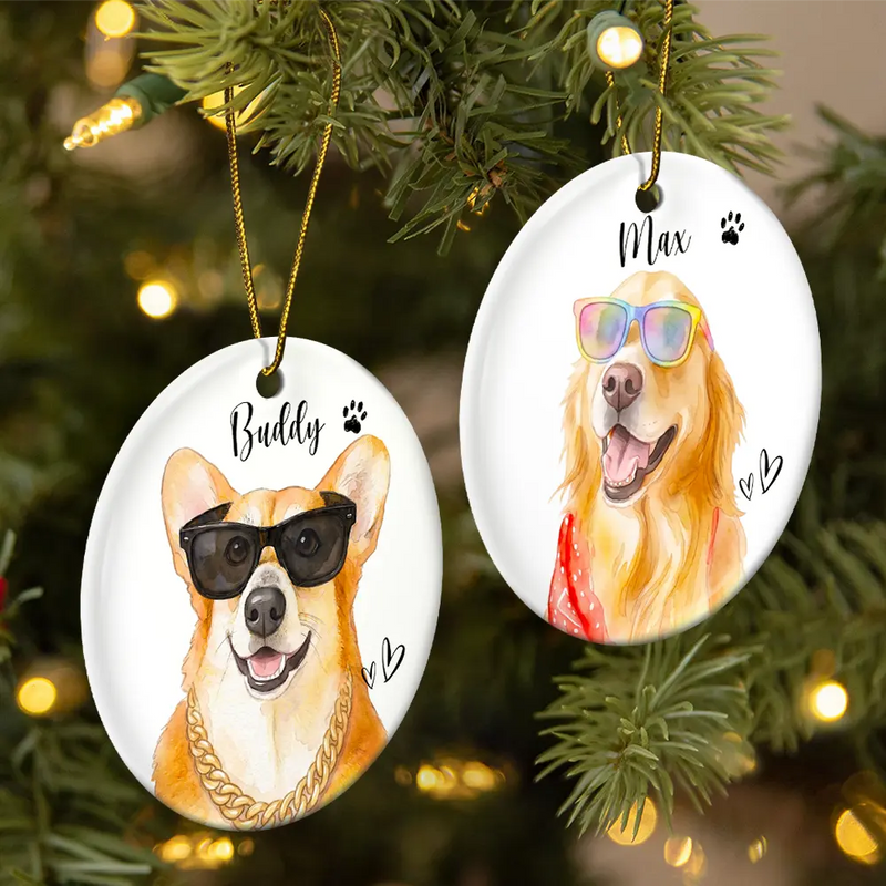 Top Market, Art Design, Playful, Christmas, Custom Photo, Pet Lovers, Photo - Watercolor - Remove BG - Custom Photo Realistic Watercolor Art Happy Dog Cat Pet - Personalized Circle Ceramic Ornament