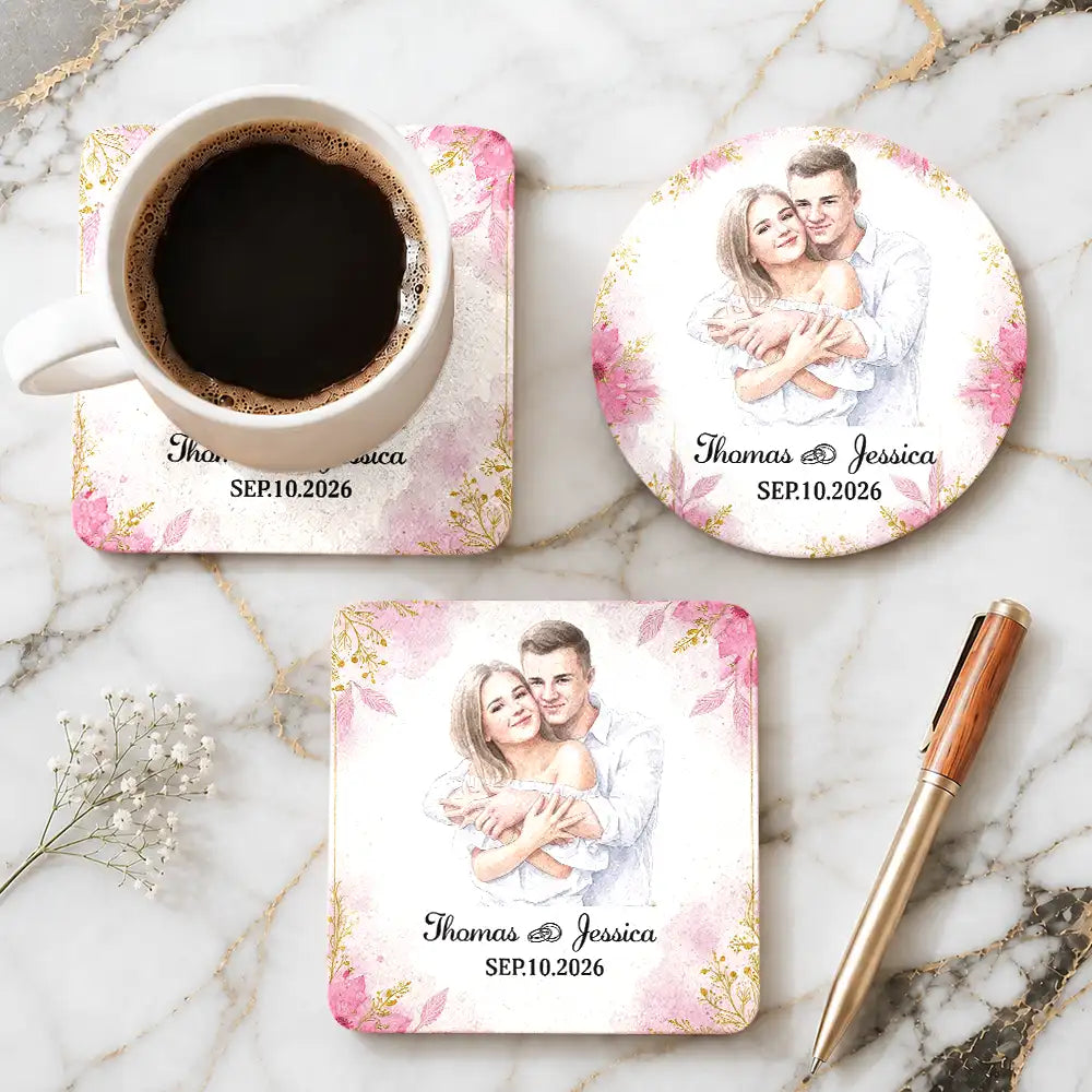 Art Design, Custom Photo, Romantic, Gift For Couples, Wedding, Photo - Watercolor - Remove BG - Custom Photo Realistic Watercolor Art Happy Wedding Couple Romantic - Personalized Cork Coaster