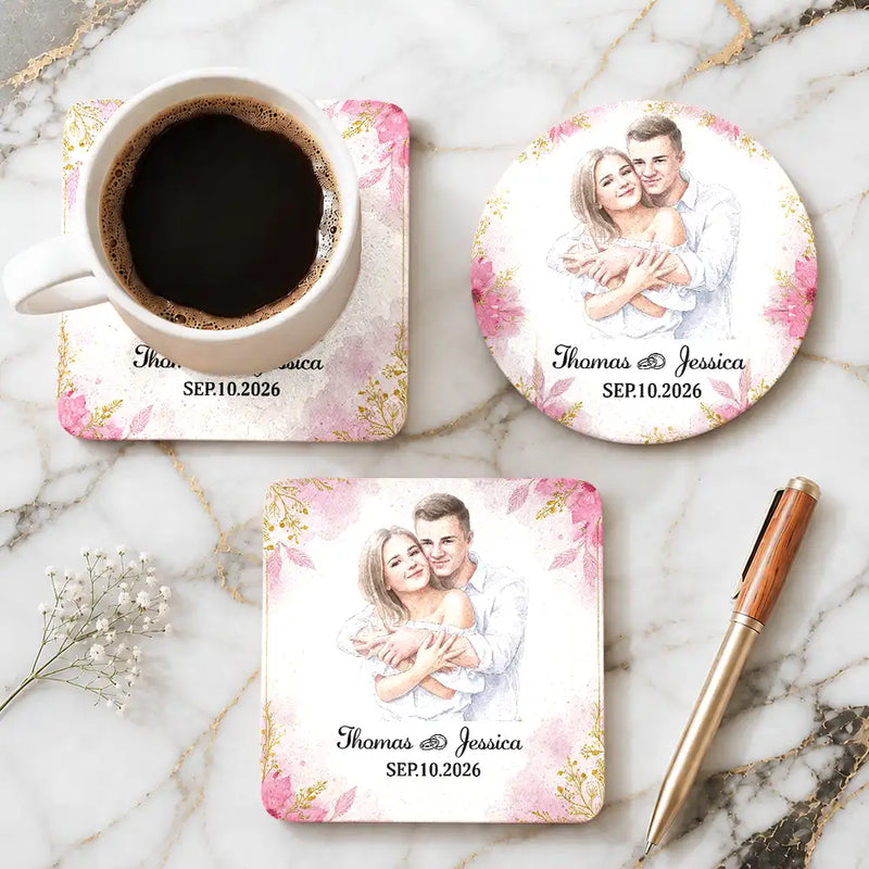 Art Design, Custom Photo, Romantic, Gift For Couples, Wedding, Photo - Watercolor - Remove BG - Custom Photo Realistic Watercolor Art Happy Wedding Couple Romantic - Personalized Cork Coaster
